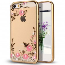 iPhone SE 5 5s - Secret Garden Floral and Butterfly Bling Rhinestone Electroplated Clear Soft TPU Protective Phone Cover Case - Gold and Pink Flower